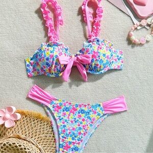 Coquette Girl Bikini Set with Pink Bow & Ruffles | Size Small